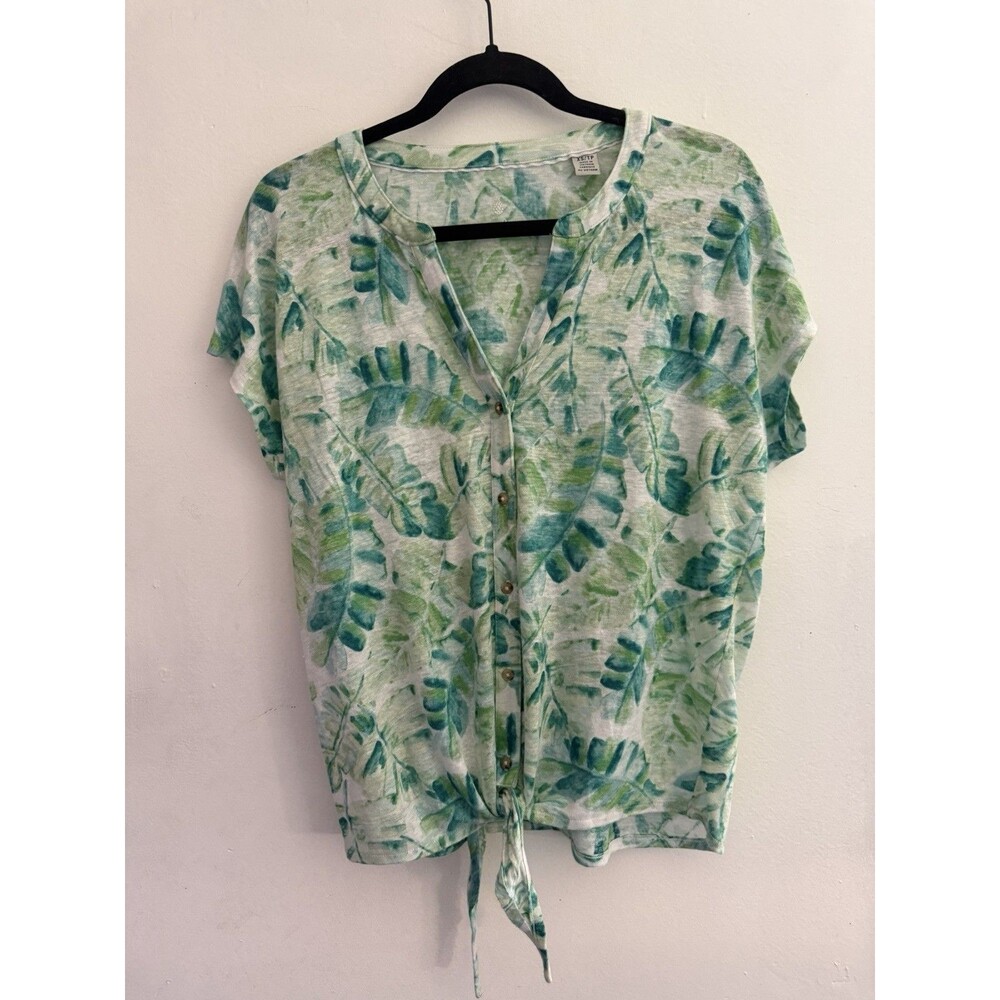 Tommy Bahama Women's XS 100% Linen Tropical Palm Print Tie Hem Henley Top Green